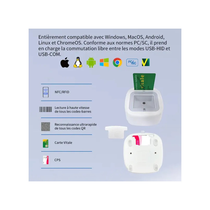 Lecteur carte Vitale Connect A800 bi-fente USB 4-en-1 Lecteur carte Vitale Connect A800 bi-fente USB 4-en-1