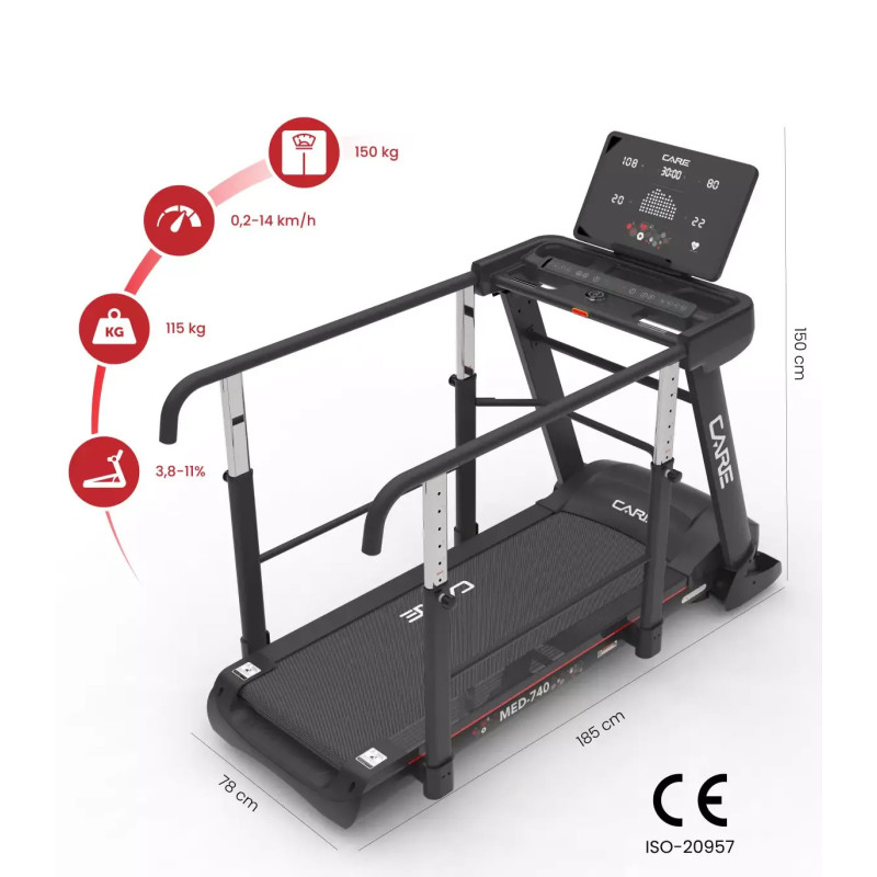 Tapis de course Care MED 740 avec barres et inclinaison