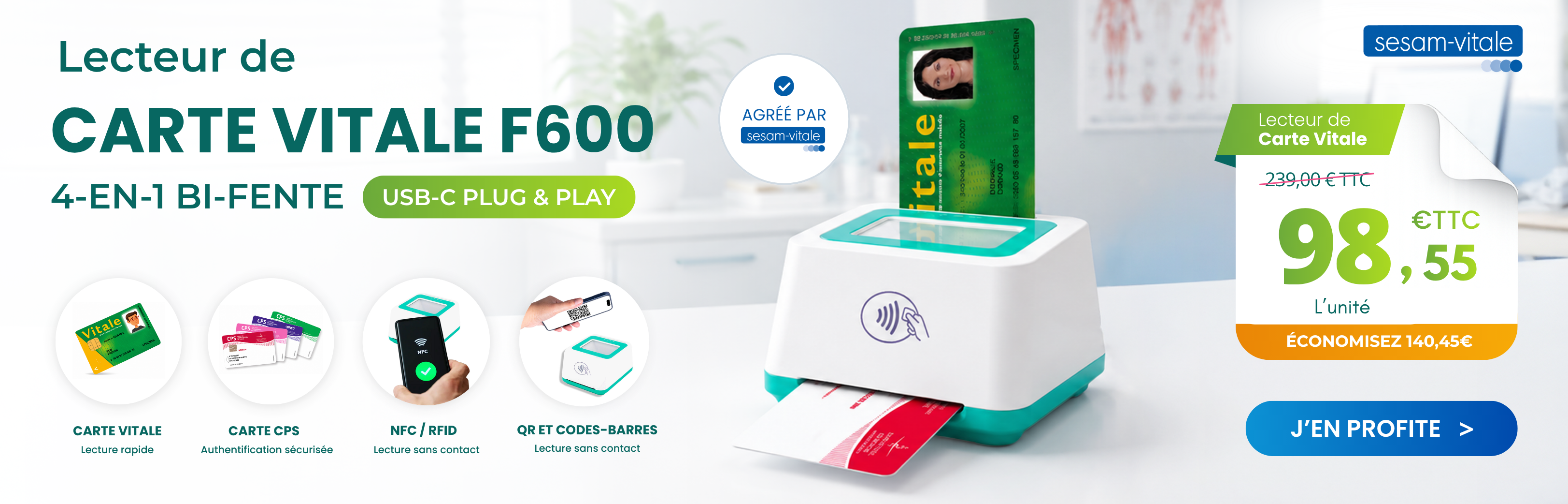 LECTEUR DE CARTE VITALE F600 BI-FENTE 4 EN 1 USB-C PLUG & PLAY